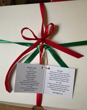 Load image into Gallery viewer, Welsh Cawl Gift Set Tea Towel Apron and Oven gloves wrapped in tissue presented in a gift box