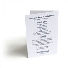 Load image into Gallery viewer, Welsh Cawl Illustrated Recipe Greetings Card lino cut by Kate Guy each image is an ingredient and cooking instructions are on the back