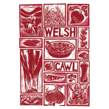 Load image into Gallery viewer, Welsh Cawl Illustrated Recipe Greetings Card lino cut by Kate Guy each image is an ingredient and cooking instructions are on the back