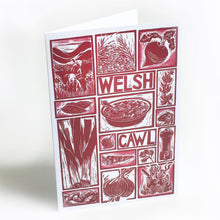Load image into Gallery viewer, Welsh Cawl Illustrated Recipe Greetings Card lino cut by Kate Guy each image is an ingredient and cooking instructions are on the back