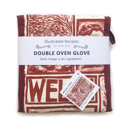 Welsh Cawl Illustrated Recipe double oven gloves - comes with cooking instructions! Lino Cut print by Kate Guy