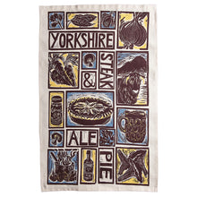 Load image into Gallery viewer, Yorkshire Steak and Ale Pie Illustrated Recipe tea towel lino cut by Kate Guy
