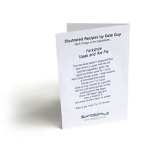 Load image into Gallery viewer, Yorkshire Steak and Ale Pie Illustrated Recipe Greetings Card lino cut by Kate Guy each image is an ingredient cooking instructions are on the back