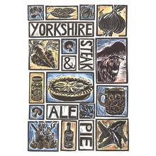 Load image into Gallery viewer, Yorkshire Steak and Ale Pie Illustrated Recipe Greetings Card lino cut by Kate Guy each image is an ingredient cooking instructions are on the back
