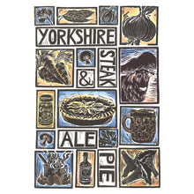 Load image into Gallery viewer, Yorkshire Steak and Ale Pie Illustrated Recipe Greetings Card lino cut by Kate Guy each image is an ingredient cooking instructions are on the back