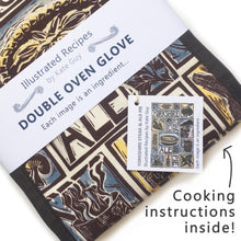 Load image into Gallery viewer, Yorkshire Steak and Ale Pie Illustrated Recipe double oven glove lino cut by Kate Guy, cooking instructions in the packaging

