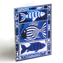 Load image into Gallery viewer, Blue fish design greetings card by Kate Guy
