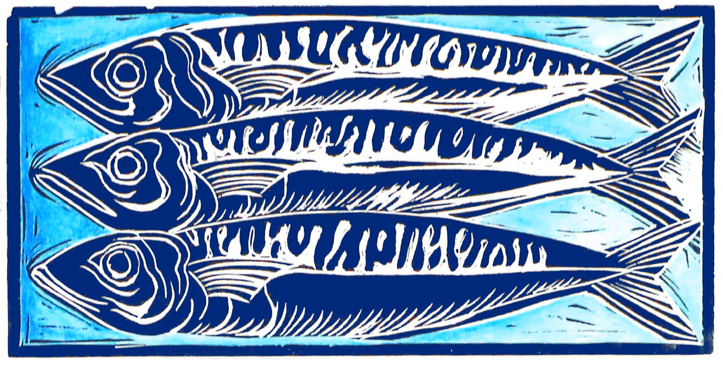 Three mackerel linocut print
