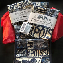 Load image into Gallery viewer, Fish Soup illustrated recipe gift set with tea towel adult apron and double oven glove with large pocket, comes with cooking instructions. lino cut print by Kate Guy