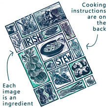 Load image into Gallery viewer, Irish stew Illustrated Recipe Greetings Card by Kate Guy each image is an ingredient and the cooking instructions are on the back
