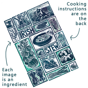 Irish stew Illustrated Recipe Greetings Card by Kate Guy each image is an ingredient and the cooking instructions are on the back
