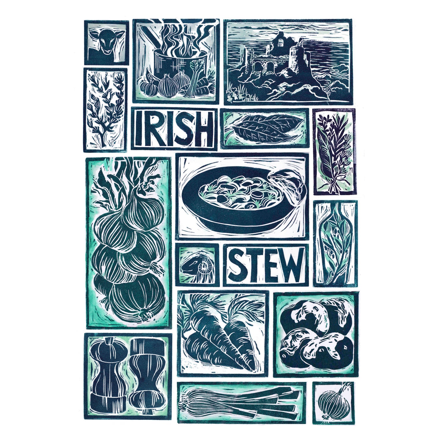 Irish stew Illustrated Recipe Greetings Card by Kate Guy each image is an ingredient and the cooking instructions are on the back