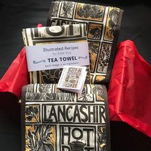 Load image into Gallery viewer, Lancashire Hot pot illustrated recipe gift set tea towel and oven gloves by Kate Guy Prints