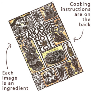 Lancashire Hot Pot Illustrated Recipe Greetings Card lino cut by Kate Guy each image is an ingredient and cooking instructions are on the back