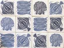Load image into Gallery viewer, Handmade tiles lino cuts by Kate Guy Scallop Sardines and Plaice