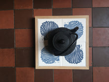 Load image into Gallery viewer, Scallop Shell Handmade tile trivet, table centrepiece. Linocut print of scallop shells on four tiles framed in English oak
