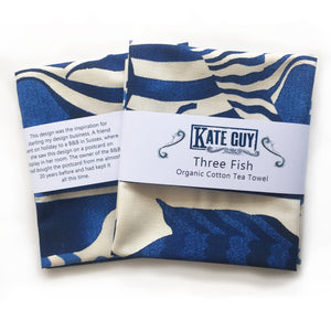 Striking blue fish design tea towel organic cotton by Kate Guy
