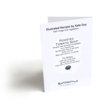 Load image into Gallery viewer, tomato soup illustrated recipe greetings card, lino cut by Kate Guy. Each image is an ingredient and the cooking instructions are on the back