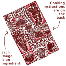 Load image into Gallery viewer, tomato soup illustrated recipe greetings card, lino cut by Kate Guy. Each image is an ingredient and the cooking instructions are on the back