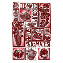 Load image into Gallery viewer, tomato soup illustrated recipe greetings card, lino cut by Kate Guy. Each image is an ingredient and the cooking instructions are on the back