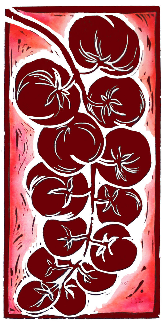 Linocut print vine tomatoes Ingredients prints by Kate Guy Prints