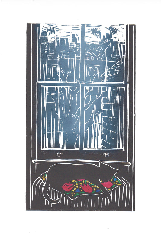Black cat lino cut print, fed up with Lockdown 3 in London asleep on the radiator