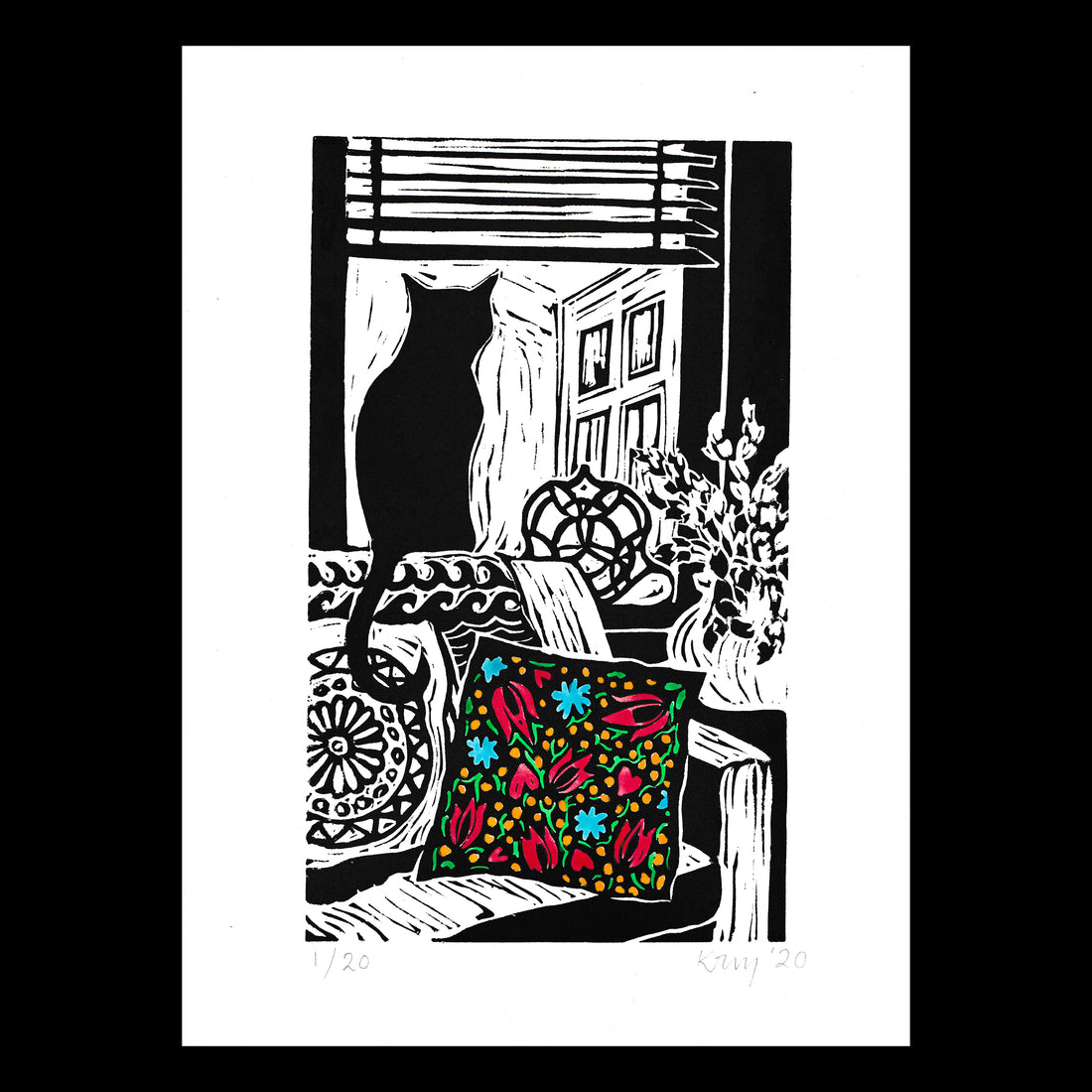 Lino cut print of black cat looking out of the window during London lockdown by Kate Guy