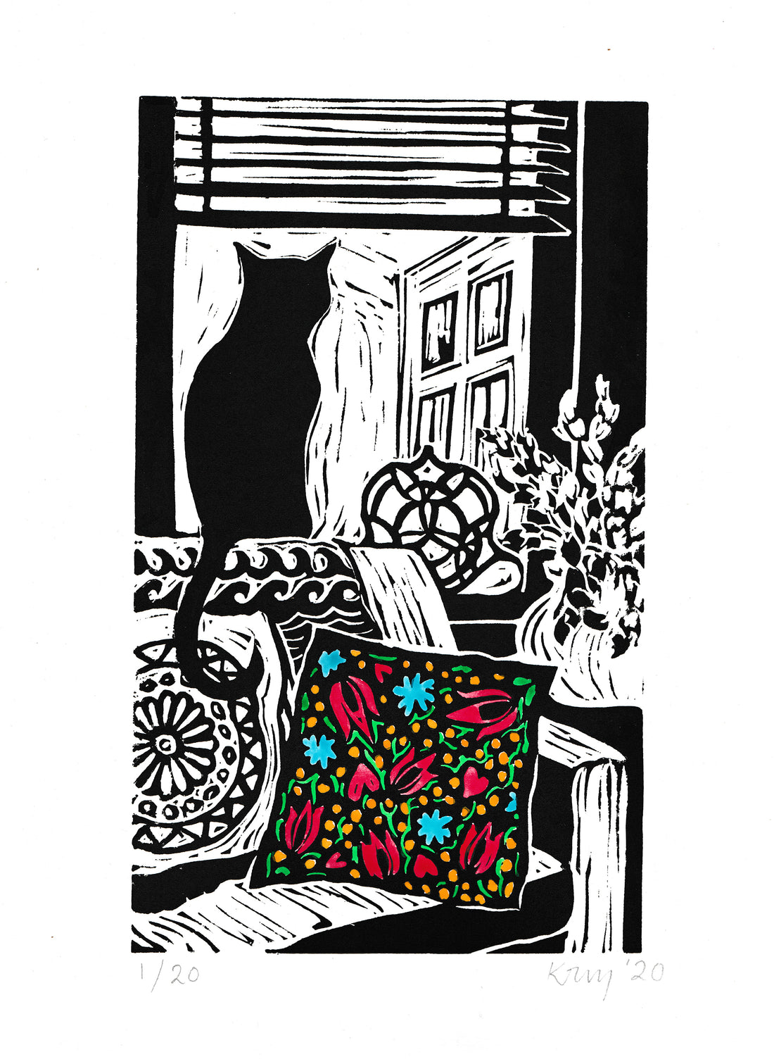 Lockdown cat with mexican cushion lino cut print by Kate Guy