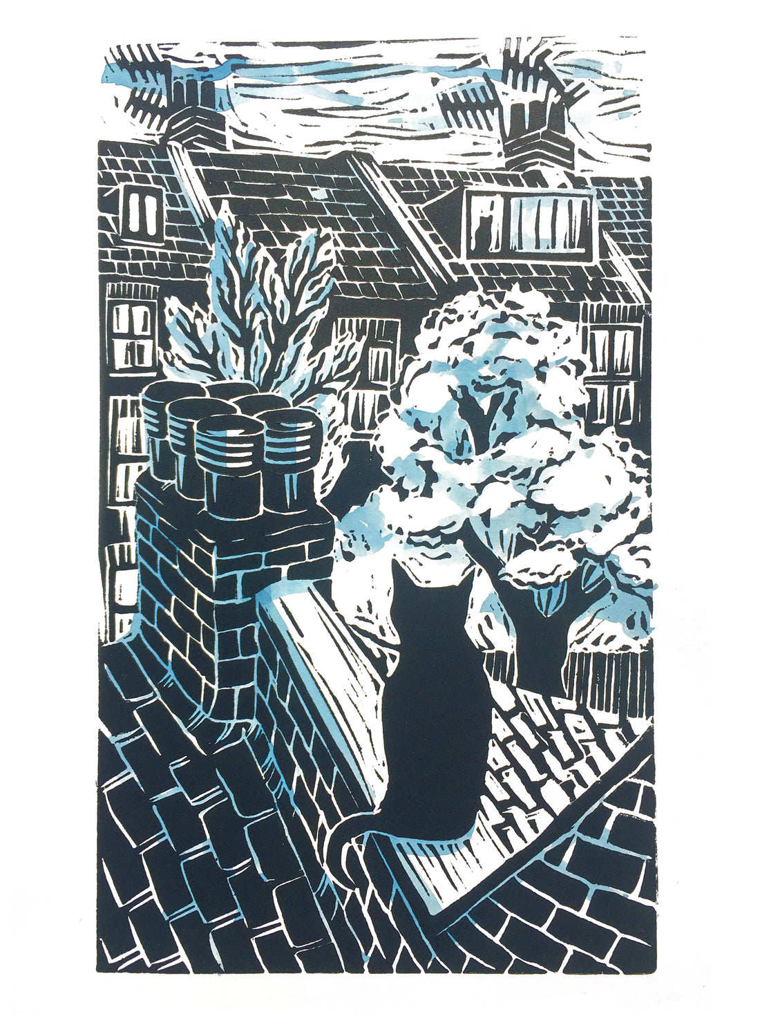Limited edition lino cut print by Kate Guy Lockdown cat out on the tiles