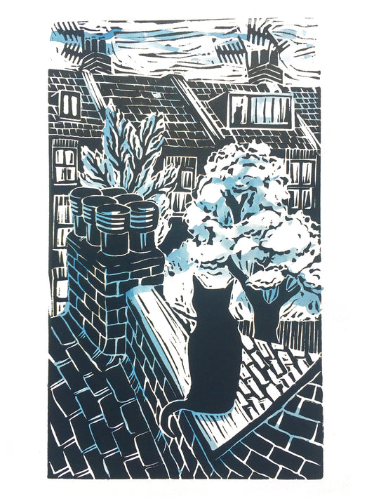 Limited edition lino cut print by Kate Guy Lockdown cat out on the tiles