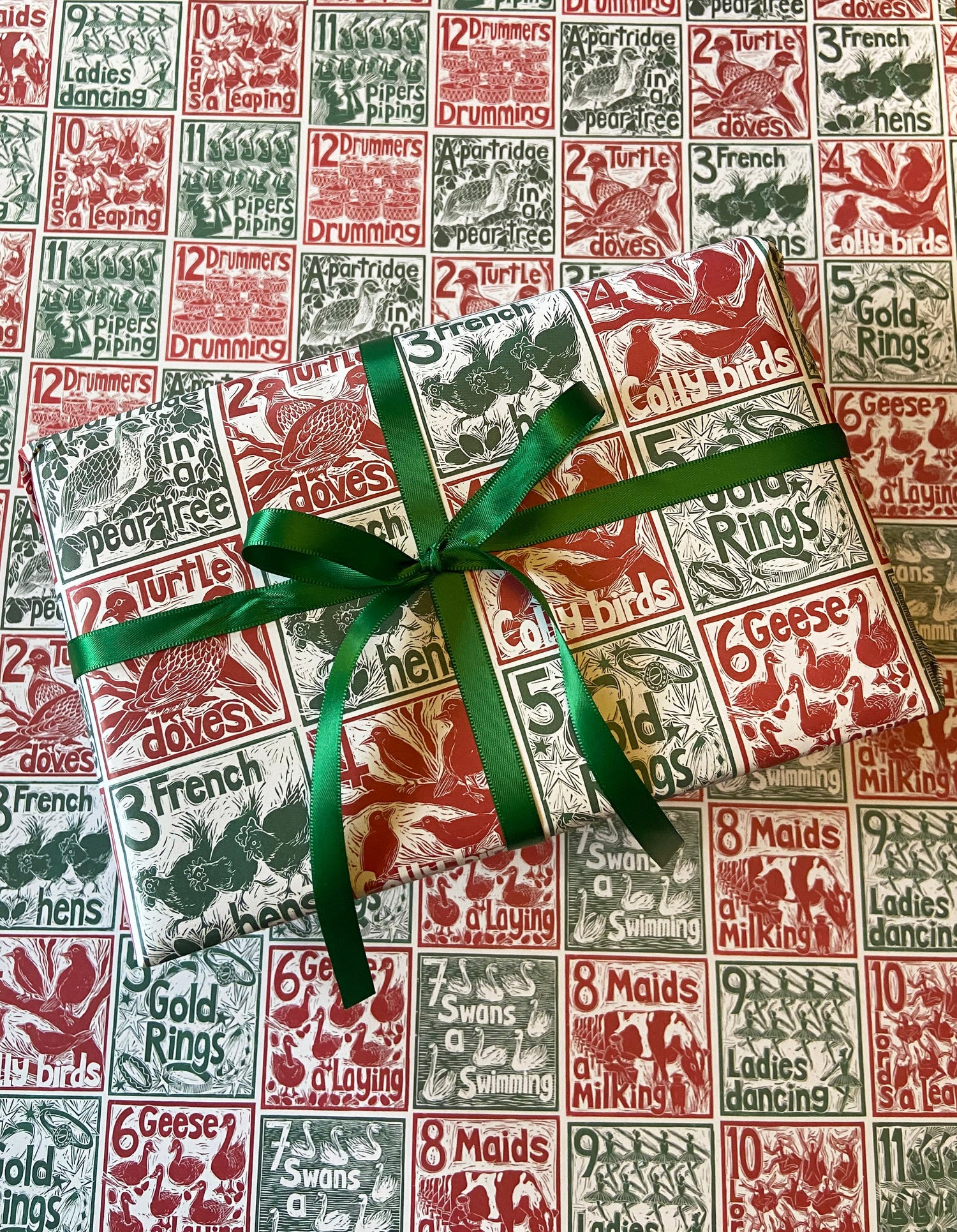 Twelve days of christmas lino cut by Kate Guy Prints