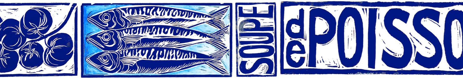 Fish Soup Soupe de POisson illustrated recipe lino cut by Kate Guy Prints