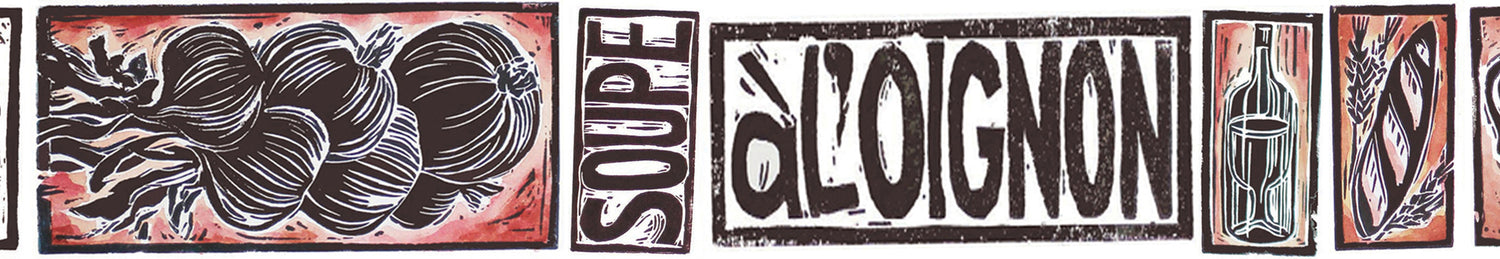 French Onion Soup illustrated recipe lino cut by Kate Guy Prints