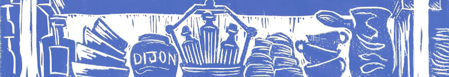 French Country kitchen shelves lino cut print by Kate Guy
