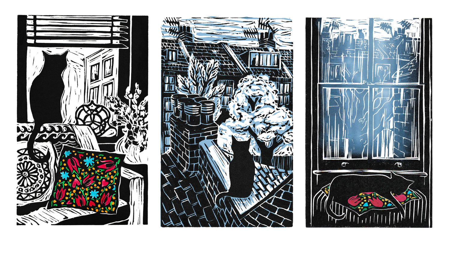 Lockdown Cat with Mexican Cushion, lino cut print by Kate Guy with hand printed detail