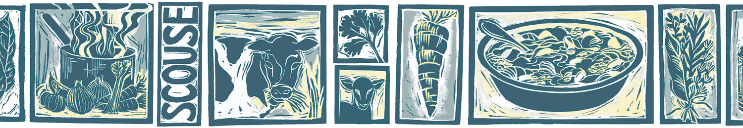 Scouse illustrated recipe lino cut by Kate Guy Prints