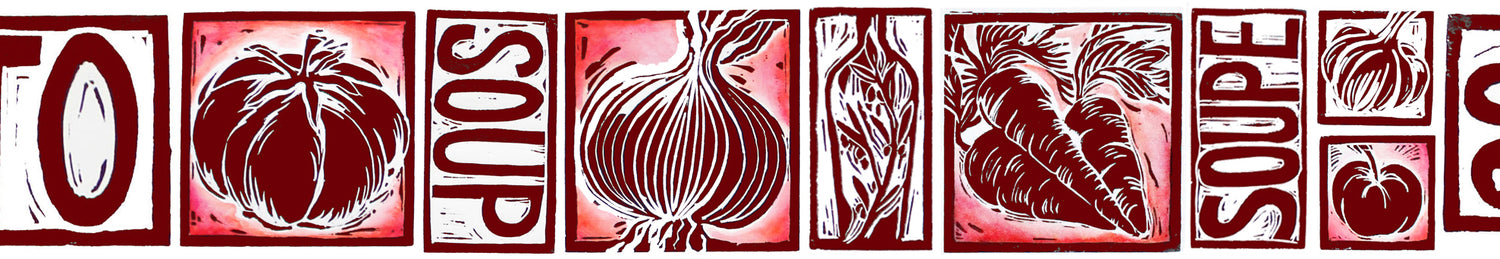 Tomato Soup illustrated recipe lino cut by Kate Guy Prints