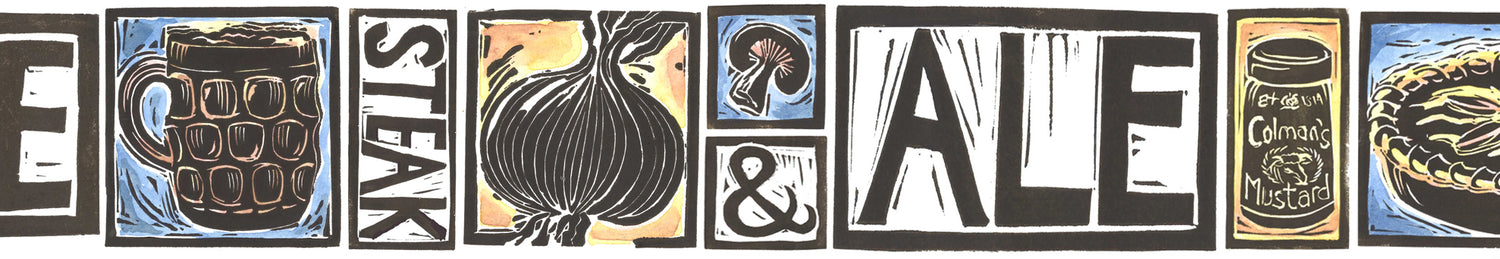 Yorkshire Steak and Ale Pie illustrated recipe lino cut by Kate Guy Prints