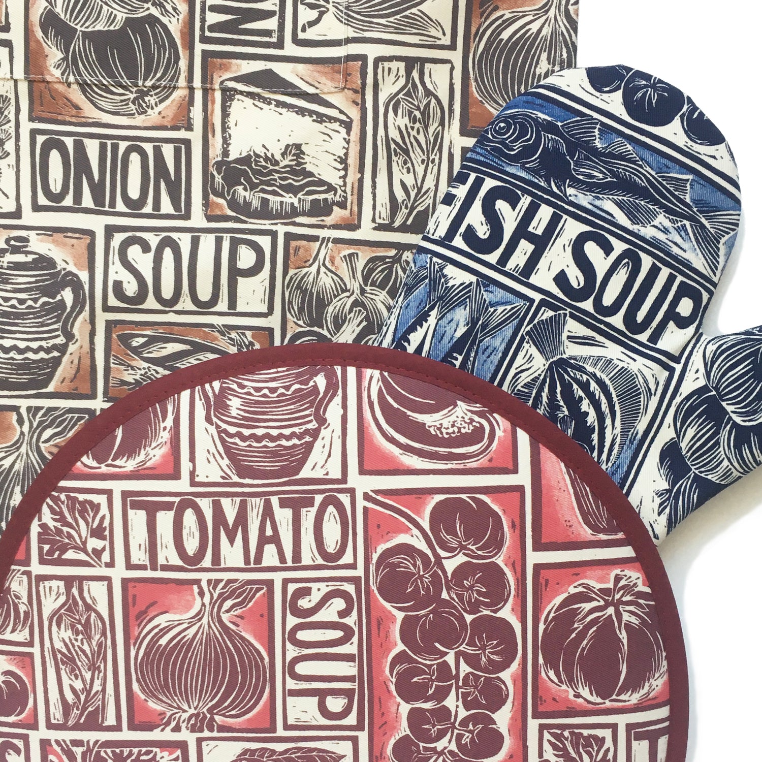 Kate Guy illustrated recipes for delicious simple soups on organic cotton homewares fish soup french onion soup and tomato soup
