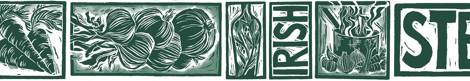 Irish Stew illustrated recipe lino cut by Kate Guy Prints