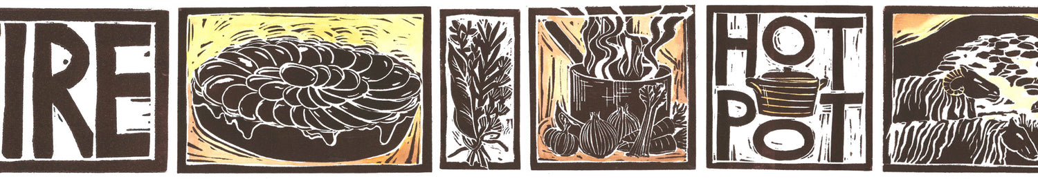 Lancashire Hot pot illustrated recipe lino cut by Kate Guy Prints