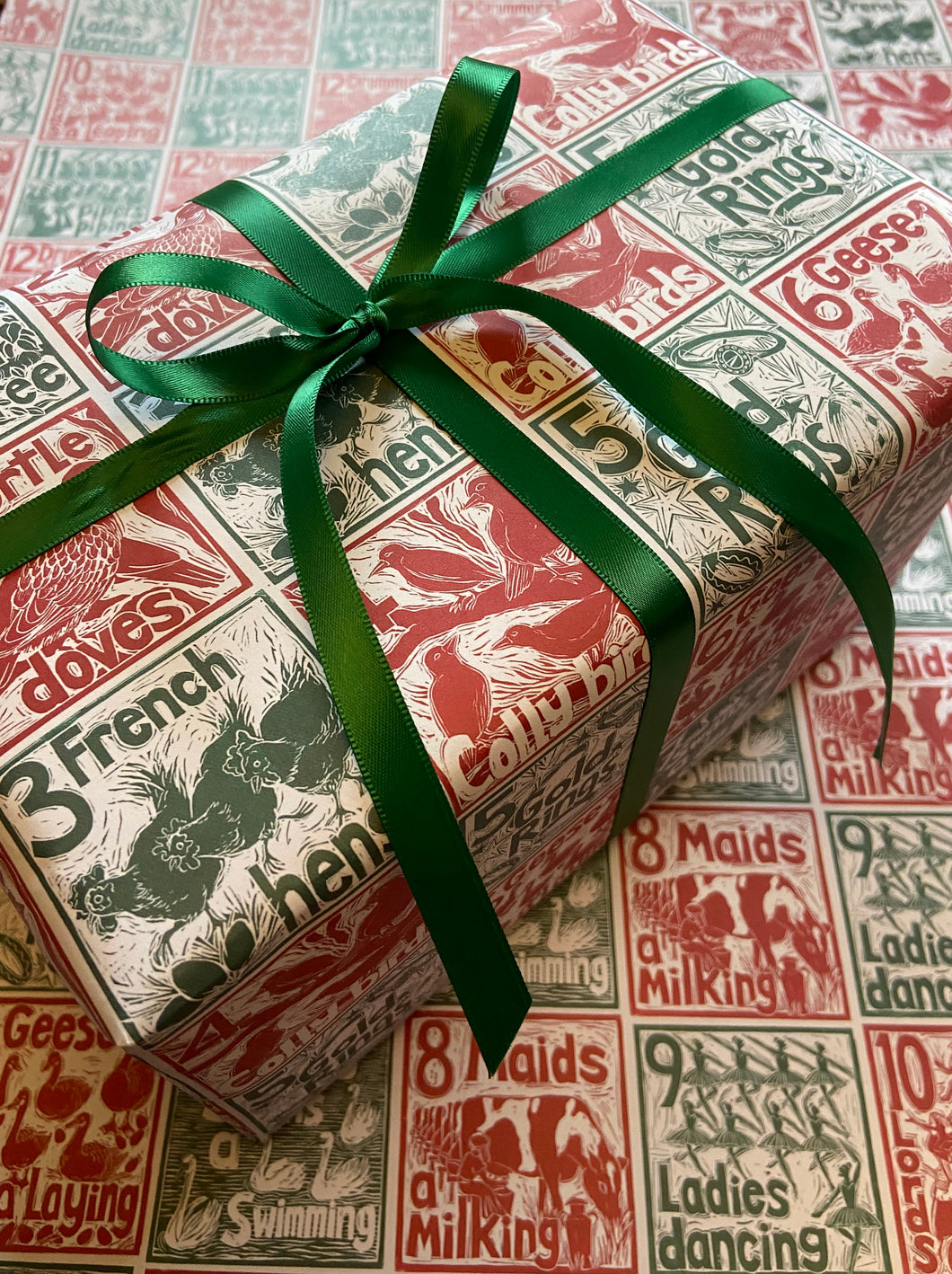 12 days of Christmas wrapping paper lino cuts by Kate guy