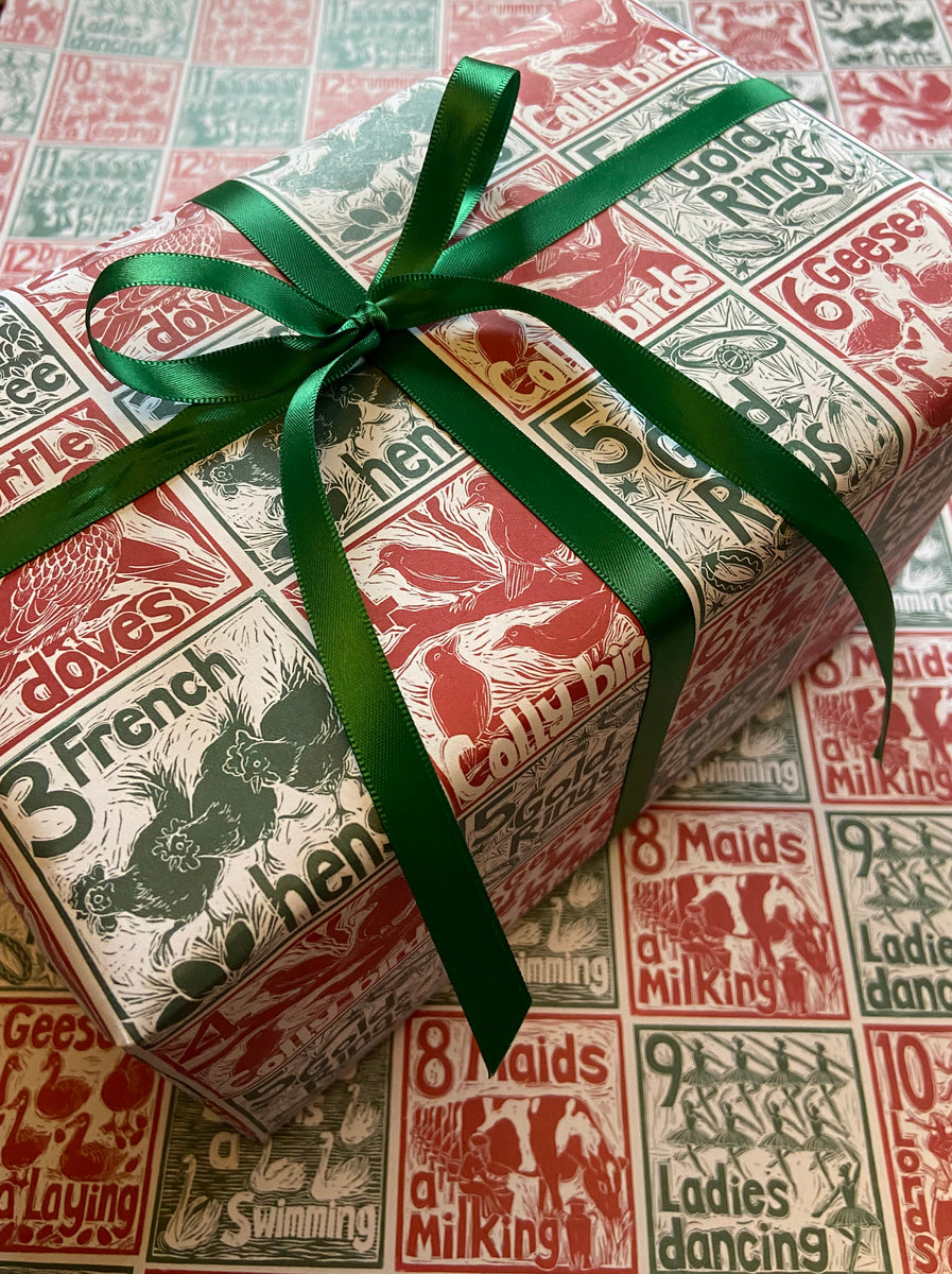 12 days of Christmas wrapping paper lino cuts by Kate guy