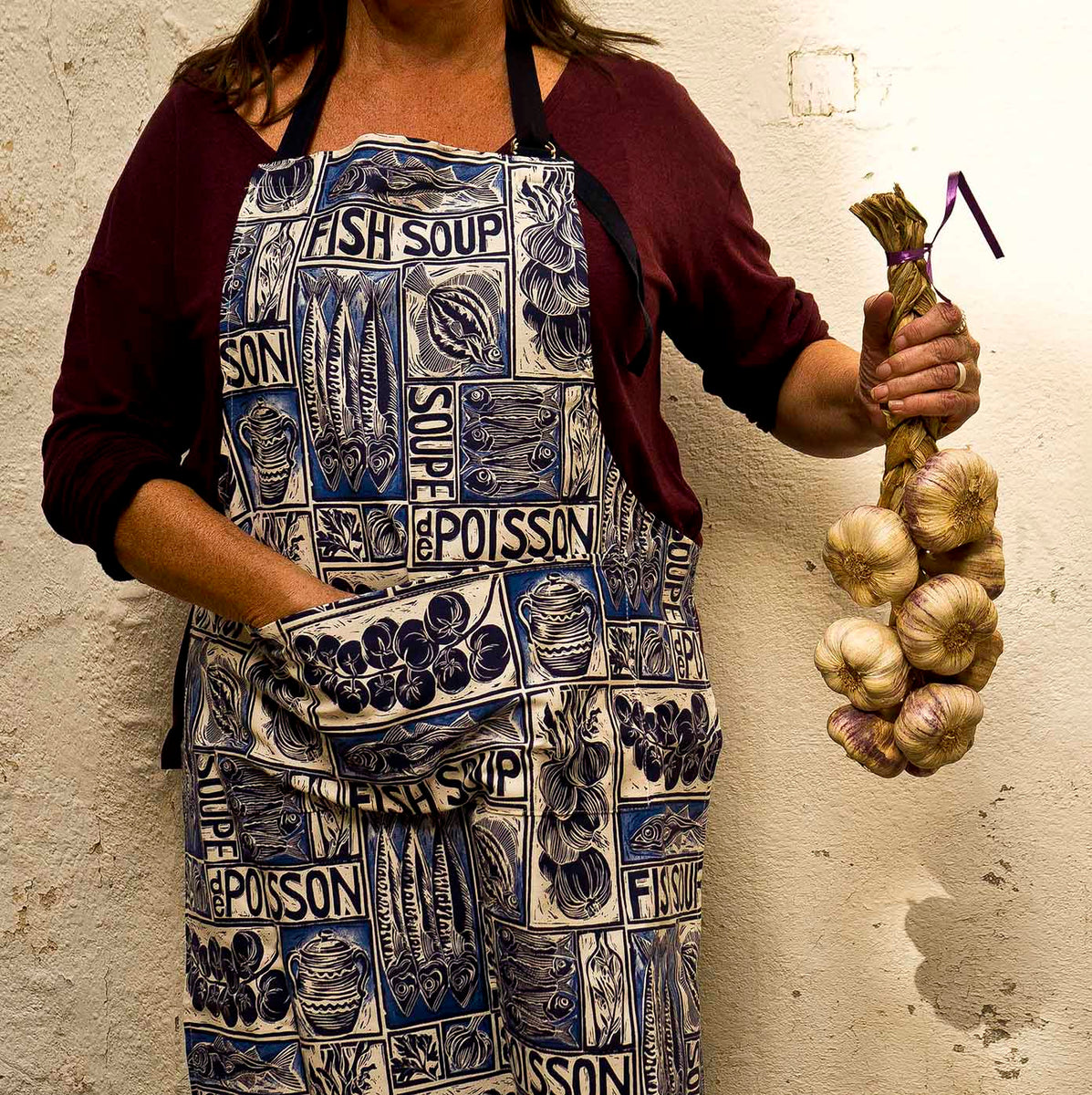 Kate Guy Prints Fish Soup illustrated recipe lino cut organic cotton apron
