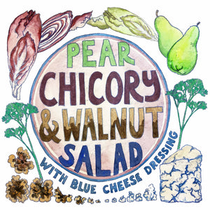 Illustrated seasonal recipe calendar by Kate Guy Prints  2023 December Pear Chicory and Walnut salad