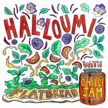 Load image into Gallery viewer, Illustrated seasonal recipe calendar by Kate Guy Prints  2023 May Halloumi Flatbread with Chilli Jam
