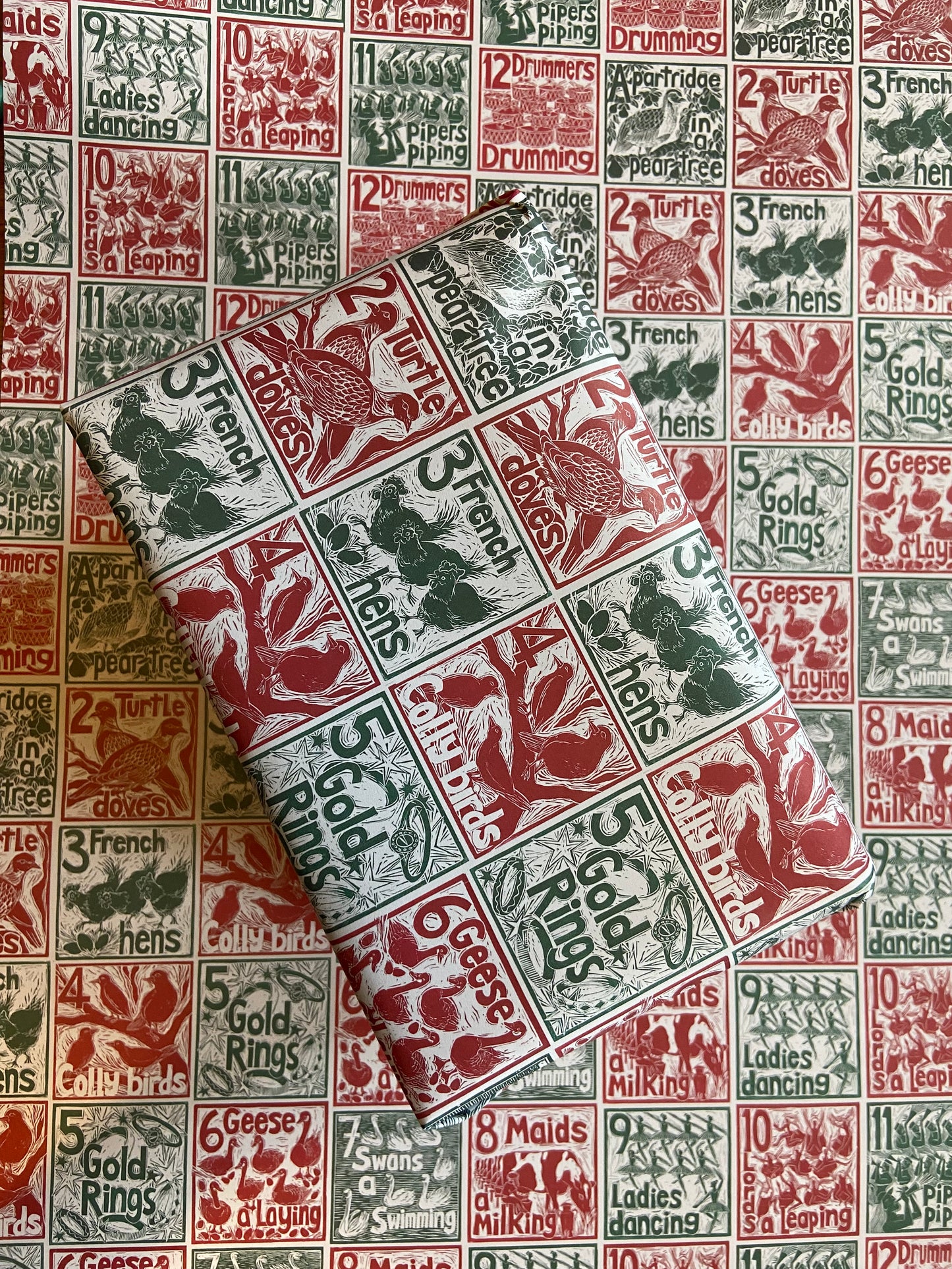 12 days of Christmas wrapping paper lino cuts by Kate Guy