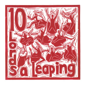 Ten Lords a Leaping Greetings Card lino cut by Kate Guy