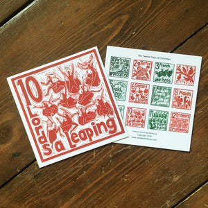 Ten Lords a Leaping Greetings Card lino cut by Kate Guy