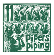 Load image into Gallery viewer, Eleven Pipers Piping Greetings Card lino cut by Kate Guy

